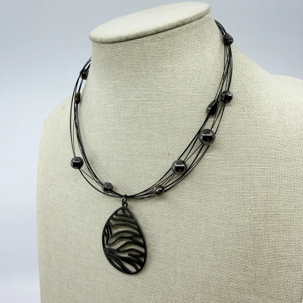 Gunmetal Zebra Teardrop Pendant Multi Strand Wire Necklace Statement Jewelry